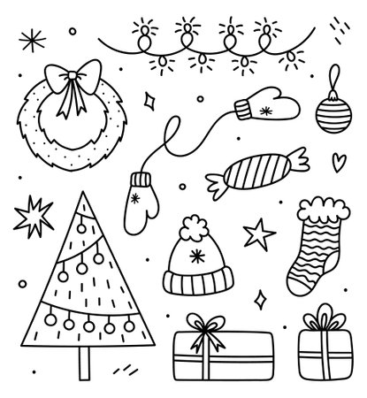 Cute set of winter doodles - a decorated Christmas tree, garlands, gifts, a Christmas wreath, warm clothes. Vector cartoon hand-drawn illustration. Perfect for holiday designs, cards, invitations.のイラスト素材
