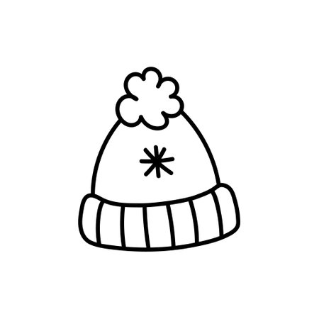 Winter warm hat with pompom isolated on a white background. Vector hand-drawn illustration in doodle style. Perfect for cards, decorations, holiday designs.のイラスト素材