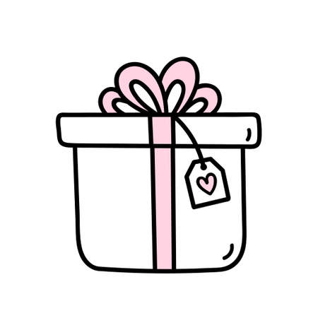 Cute gift with pink bow and ribbon for Valentines Day isolated on white background. Vector hand-drawn illustration in doodle style.のイラスト素材