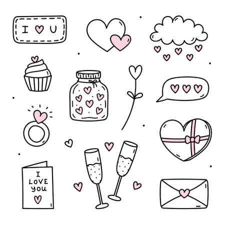 Cute set of doodles for Valentines Day - glasses of champagne, love cards, envelopes, jar with hearts and others. Vector hand-drawn illustration. Perfect for holiday designs, stickers, decor.のイラスト素材