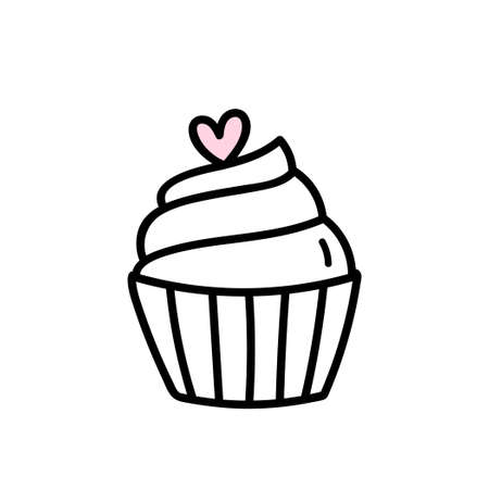 Cute cupcake decorated with heart isolated on white background. Vector hand-drawn illustration in doodle style.のイラスト素材