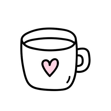 Cute cup with a heart isolated on white background. Vector hand-drawn illustration in doodle style. Perfect for Valentine's Day designs, cards, invitations, decorations.のイラスト素材