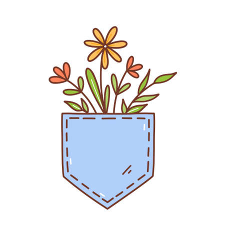 Cute spring flowers in a pocket isolated on white background. Vector hand-drawn illustration in doodle style. Perfect for cards, invitations, decorations,  various designs.のイラスト素材