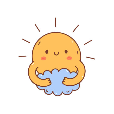Cute sun hugging a cloud isolated on white background. Vector hand-drawn illustration in kawaii style.のイラスト素材