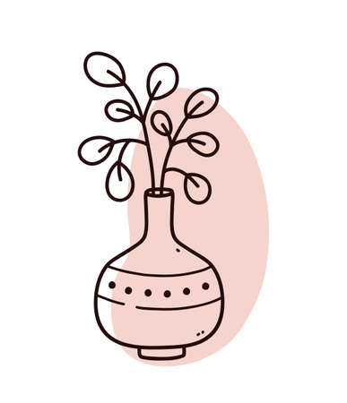 Abstract floral doodle with color organic shape. Minimalist vase with branches isolated on white background. Vector hand-drawn illustration. Perfect for cards, decorations, logo, posters.のイラスト素材