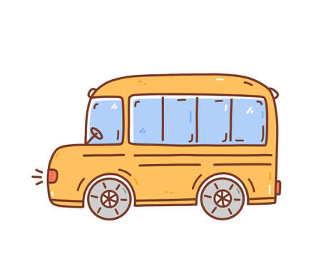 Yellow cartoon school bus isolated on white background. Vector hand-drawn illustration in doodle style. Perfect for cards, decorations, logo, various designs.のイラスト素材