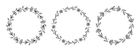 Set of spring floral wreaths isolated on white background. Round frames with flowers. Vector hand-drawn illustration in doodle style. Perfect for cards, invitations, decorations, logo, various designsのイラスト素材