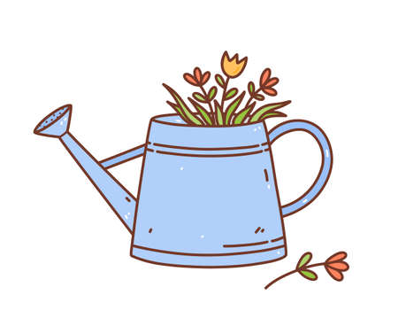 Cute spring flowers in a watering can isolated on white background. Vector hand-drawn illustration in doodle style. Perfect for cards, invitations, decorations, logo, various designs.のイラスト素材