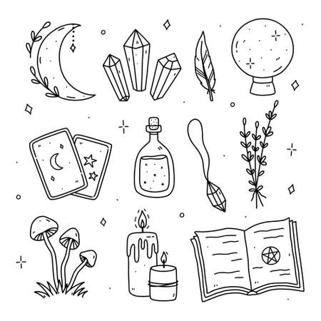 Set of doodles with magic and occult elements - crystal ball, moon, gemstones, tarot cards, potion, pendant, spell book and others. Vector hand-drawn illustration. Perfect for cards, logo, decorationsのイラスト素材