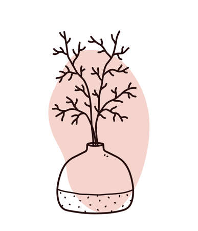 Abstract floral doodle with color organic shape. Minimalist vase with branches isolated on white background. Vector hand-drawn illustration. Perfect for cards, decorations, logo, posters.のイラスト素材