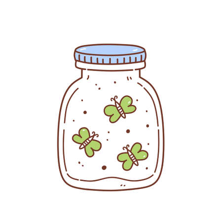 Cute glass glass jar with butterflies isolated on white background. Vector hand-drawn illustration in doodle style. Perfect for cards, decorations, logo.のイラスト素材