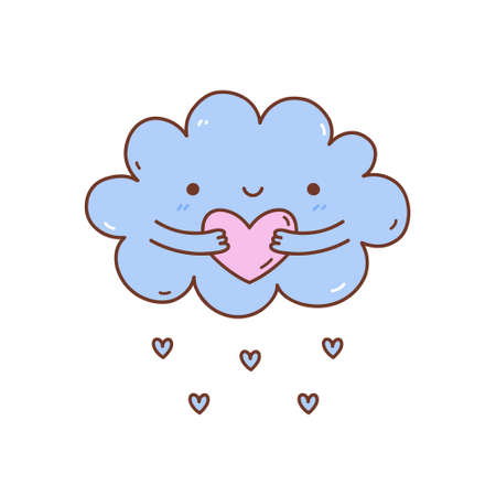 Cute cloud hugging a heart isolated on white background. Vector hand-drawn illustration in kawaii style. Perfect for cards, print, t-shirt, poster, nursery decor. Cartoon character.のイラスト素材