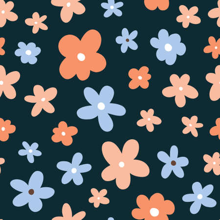 Cute seamless pattern with pink and blue flowers on dark background. Vector illustration in...