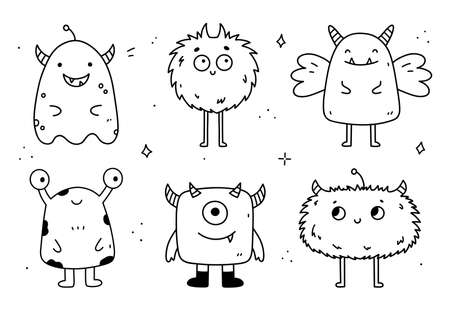 Set of cute and funny monsters isolated on white background. Vector hand-drawn illustration in doodle style. Perfect for Halloween designs, cards, decorations. Cartoon characters.のイラスト素材