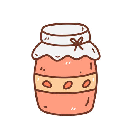 Cute jar of strawberry jam isolated on white background. Vector hand-drawn illustration in doodle style. Perfect for cards, logo, decorations, recipes, menus, various designs.のイラスト素材