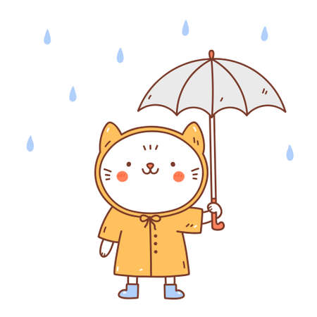 Cute cat in a yellow raincoat and rubber boots under an umbrella. Vector hand-drawn illustration in kawaii style. Perfect for cards, print, t-shirt, poster, decorations, logo. cartoon character.のイラスト素材