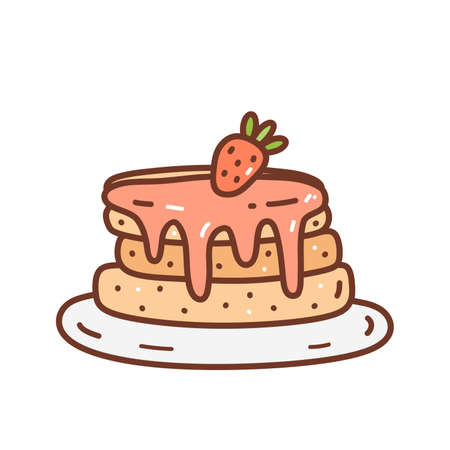 Cute pancakes with strawberry jam decorated with berries. Sweet food isolated on white background. Vector hand-drawn illustration in doodle style. Perfect for cards, decorations, logo, menu.のイラスト素材