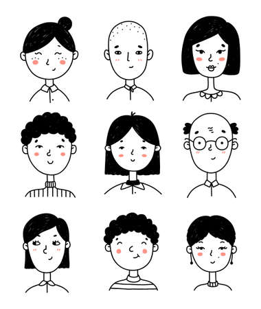 Set of cute people's faces in doodle style. Portraits of happy young girls and boys isolated on white background. Perfect for social media, avatars.Vector hand-drawn illustration of cartoon charactersのイラスト素材