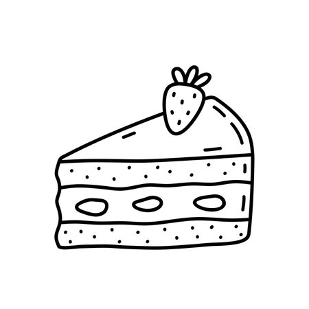 Piece of cake with strawberry isolated on white background. Cute dessert, sweet food. Vector hand-drawn illustration in doodle style. Perfect for various designs, cards, decorations, logo, menu.のイラスト素材