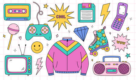 Bright doodle set of items from the nineties - retro cassette tape, sports jacket, tape recorder, roller skate, TV, joystick, floppy disk, cool and wow stickers, lightnings. Nostalgia for the 1990s.のイラスト素材
