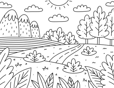 Cute kids coloring page. Landscape with clouds, mountains, fields, roads and bushes. Vector hand-drawn illustration in doodle style. Cartoon coloring book for children.のイラスト素材