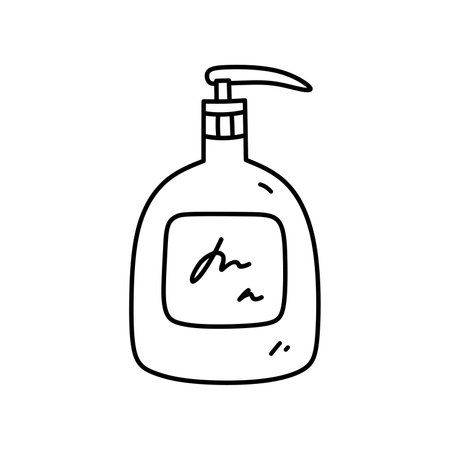 Plastic bottle with dispenser isolated on white background. Tube for liquid soap, detergent, gel, lotion. Vector hand-drawn illustration in doodle style.Suitable for decorations, logo, various designsのイラスト素材