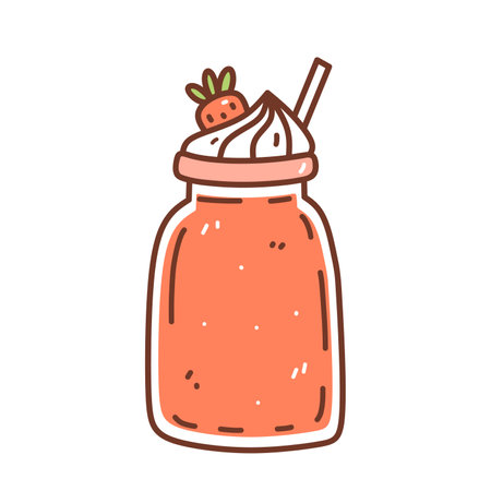 Strawberry milkshake with whipped cream isolated on white background. Vector hand-drawn illustration in doodle style. Perfect for cards, logo, decorations, menus, various designs.のイラスト素材