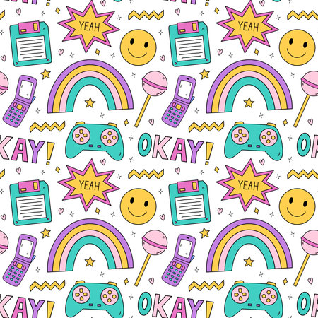 Bright seamless pattern with items from the nineties - retro flip phone, joystick, floppy disk, smile, chupa chups, stars and rainbows on checkered background. Nostalgia for the 1990s. funny print.のイラスト素材