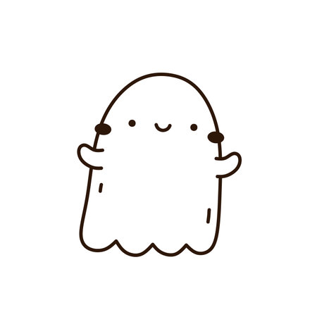 Cute and funny ghost isolated on white background. Vector hand-drawn illustration in doodle style. Kawaii character. Perfect for cards, decorations, logo and Halloween designs.のイラスト素材