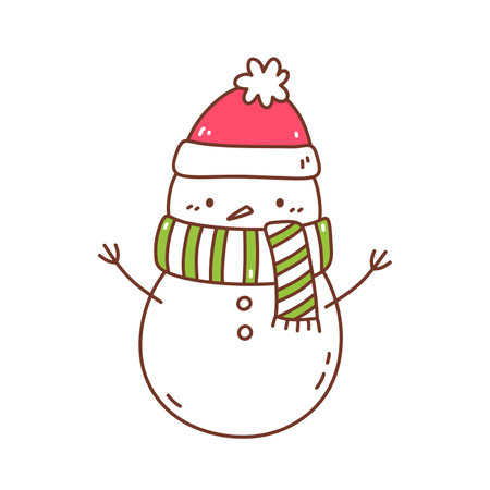 Cute snowman in aa santa hat and scarf isolated on white background. Vector hand-drawn illustration in doodle style. Kawaii character. Perfect for cards, decorations, logo and Christmas designs.のイラスト素材