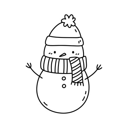 Cute snowman in a hat and scarf isolated on white background. Vector hand-drawn illustration in doodle style. Kawaii character. Perfect for cards, decorations, logo and Christmas designs.のイラスト素材