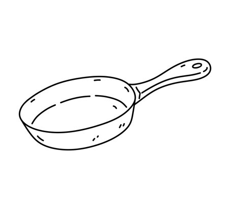 Frying pan isolated on white background. Kitchen utensils. Vector hand-drawn doodle illustration. Perfect for decorations, logo, various designs.のイラスト素材