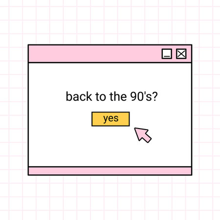Dialog window of a computer browser in the style of the 90s. Retro user interface with message box. Vector hand-drawn doodle illustration. Back to the 90s.のイラスト素材