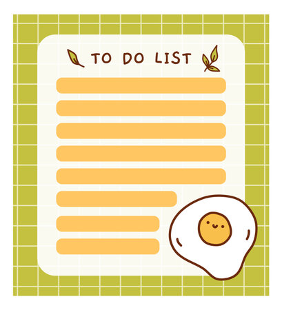 Cute to do list template with fried eggs. Kawaii and funny design of daily planner, schedule or checklist. Perfect for planning, memo, notes and self-organization. Vector hand-drawn illustration.のイラスト素材