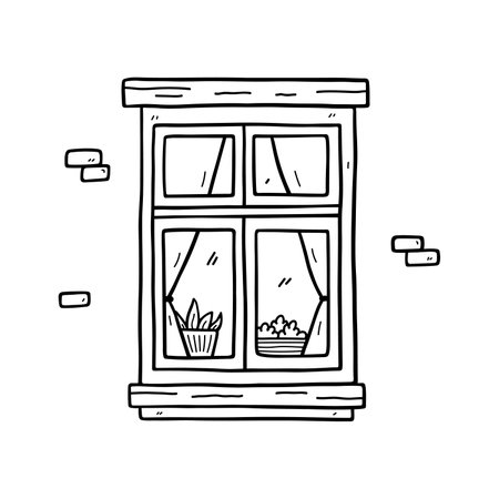 Closed window with curtains and plants isolated on white background. Vector hand-drawn doodle illustration. Perfect for decorations, logo, various designs.のイラスト素材