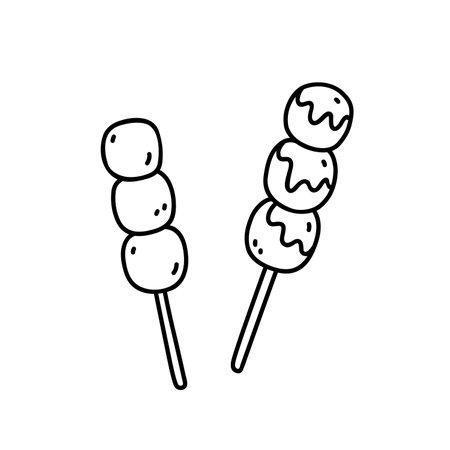Dango isolated on white background. Japanese dessert. Street food snack. Vector hand-drawn illustration in doodle style. Perfect for various designs, cards, logo, menu.のイラスト素材