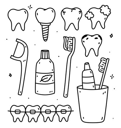 Dental care doodle set. Healthy and diseased teeth, braces, implants, toothbrush, toothpaste, floss, mouthwash. Oral hygiene. Vector hand-drawn illustration isolated on white background.のイラスト素材