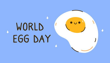 World Egg Day. Banner with a cute and smiling fried egg on a blue background. Perfect for posters, cards, social media, various designs. October 13thのイラスト素材