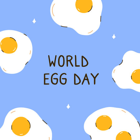 World Egg Day. Banner with cute fried eggs on a blue background. Perfect for posters, cards, social media, various designs. October 13thのイラスト素材