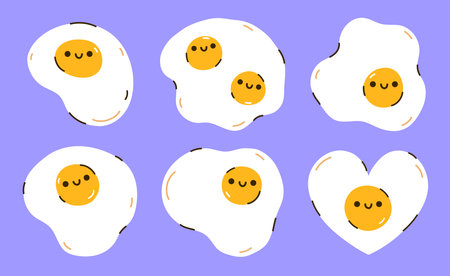 A set of cute fried eggs of different shapes isolated on a purple background. Kawaii characters....