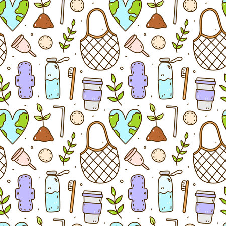 Cute seamless pattern with recycle and reusable products - glass water bottle, coffee cup, mesh bag, textile pads and cotton pads, menstrual cup and others. Zero waste,Save the Planet, ecology conceptのイラスト素材