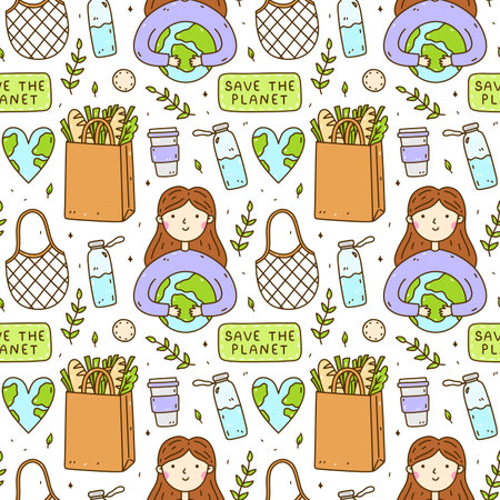 Cute seamless pattern with recycle and reusable products - glass water bottle, mesh bag, cotton pads. A girl holding the Earth in her hands, heart-shaped planet. Zero waste, Go green, Save the planet.のイラスト素材