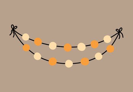 Festive garland made up of two strings adorned with round decorative lights on a beige background. Suitable for season and holiday decorations. Vector hand-drawn illustration in flat style.のイラスト素材