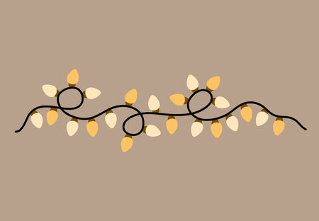 Decorative string of lights arranged in a playful, looping pattern on a plain beige background. Suitable for holiday decorations. Vector hand-drawn illustration in flat style.のイラスト素材