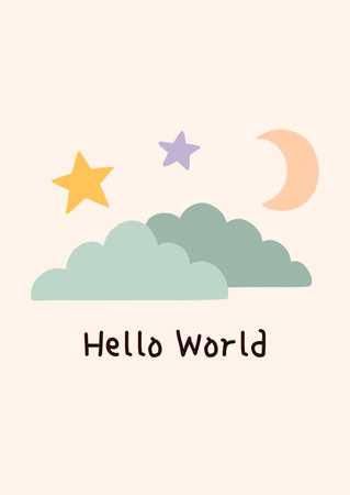 Cute baby shower card in pastel colors featuring night clouds, stars, a crescent moon with the words Hello World. Perfect for invitations, posters, greeting cards, decorations.Vector flat illustrationのイラスト素材