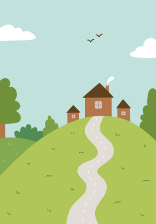 A spring or summer landscape with clouds, hills, houses, trees and a road. Vector hand-drawn illustration in flat style. Beautiful cartoon background with nature. Perfect for cards, banners.のイラスト素材