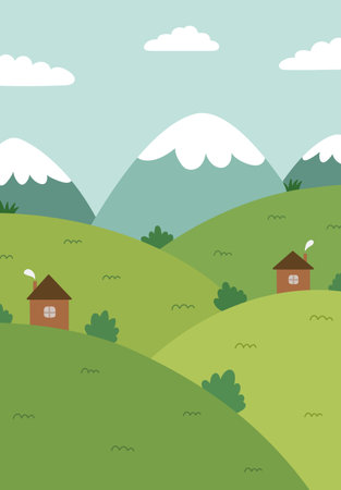 A spring or summer landscape with mountains, clouds, fields, houses. Vector hand-drawn illustration in flat style. Beautiful cartoon background with nature. Perfect for cards, banners.のイラスト素材
