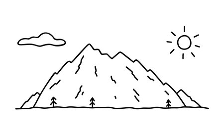 Landscape with mountains, clouds and sun. Vector hand-drawn illustration in doodle style. Perfect for cards, banners, various designs.のイラスト素材