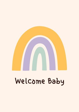Cute baby shower card in pastel colors featuring a rainbow with the words Welcome Baby. Perfect for invitations, posters, greeting cards, decorations. Vector flat illustration.のイラスト素材