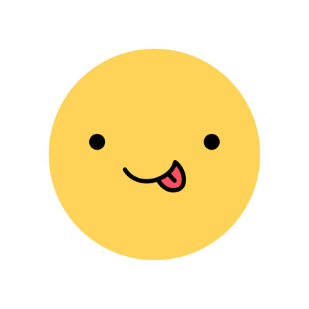Cute yellow smile icon with happy facial expression. Character with cheerful, playful mood isolated on a white background. Vector flat illustration. Perfect for social media, stickers.のイラスト素材